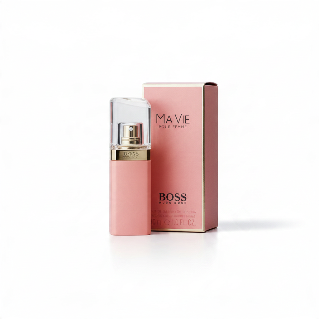 Profumo Teriam Service BOSS MA VIE POUR FEMME in flacone rosa da 30ml con tappo dorato e scatola coordinata.
