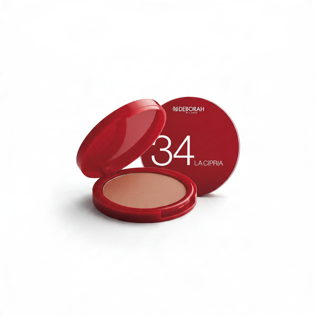Cipria compatta Deborah Milano n.34 in confezione rossa, texture fine per un finish opaco e levigato da Teriam Service