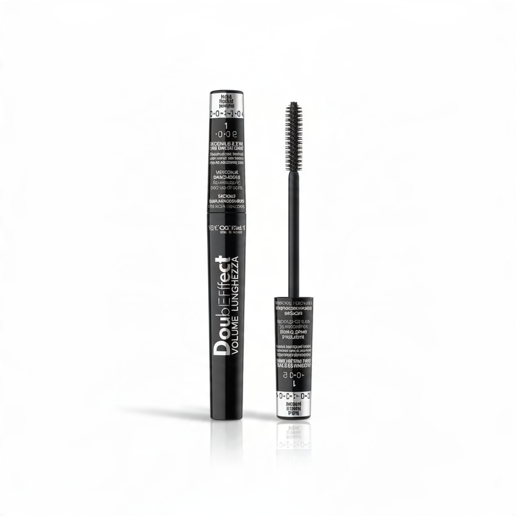 Mascara Teriam Service Double Effect con scovolino in fibra per ciglia voluminose e lunghe, confezione nera elegante.