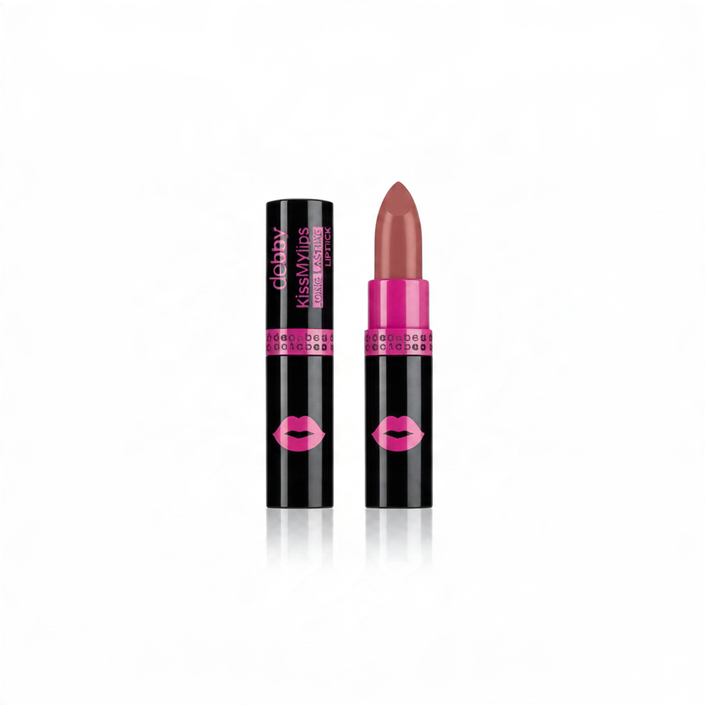 Rossetto Teriam Service DEBBY LONG LAST KISSMYLIPS N.03, tonalità nude calda in packaging nero e rosa a lunga durata.