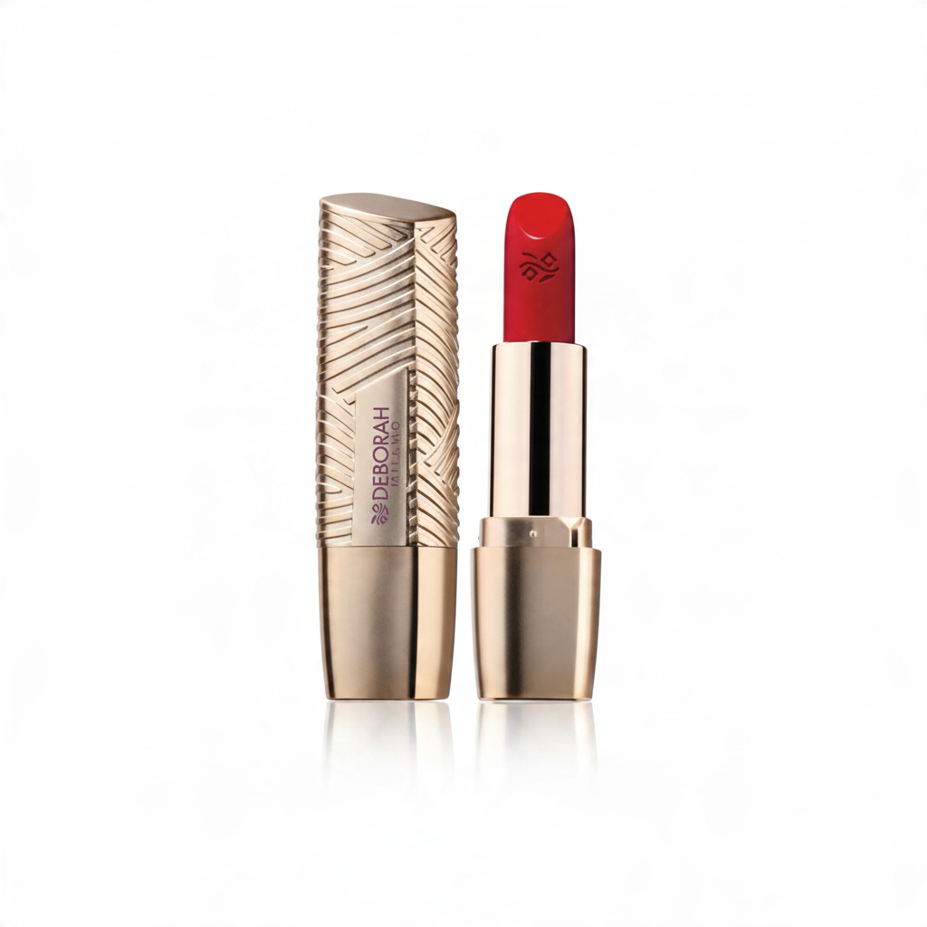 Rossetto rosso intenso Deborah Milano n.12 con packaging dorato elegante, disponibile da Teriam Service.