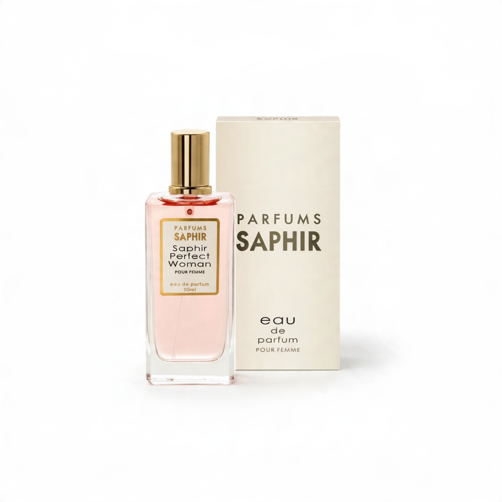 Profumo Teriam Service Saphir Perfect Woman eau de parfum in flacone di vetro con tappo dorato e scatola beige
